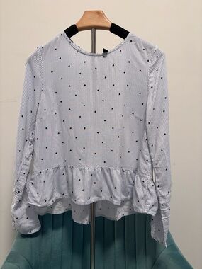 H&M Blue & White Striped Blouse with Tiny Black Hearts
